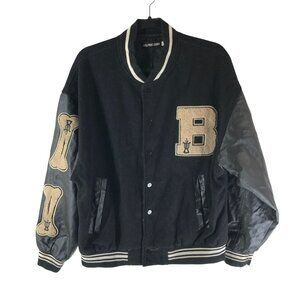 Aelfric Eden Mens Varsity Bomber Jacket Bones Snap Button Black Beige M